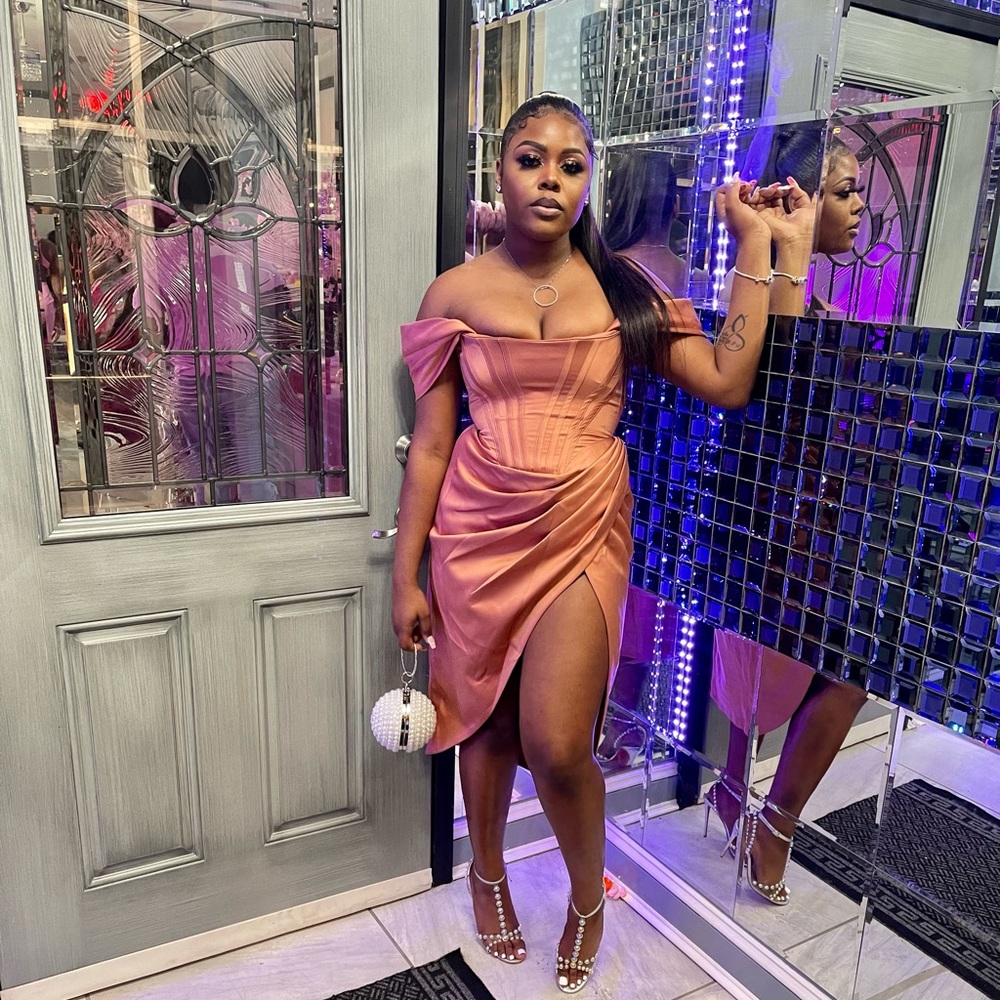 House Of CB Off The Shoulder Satin Dress.